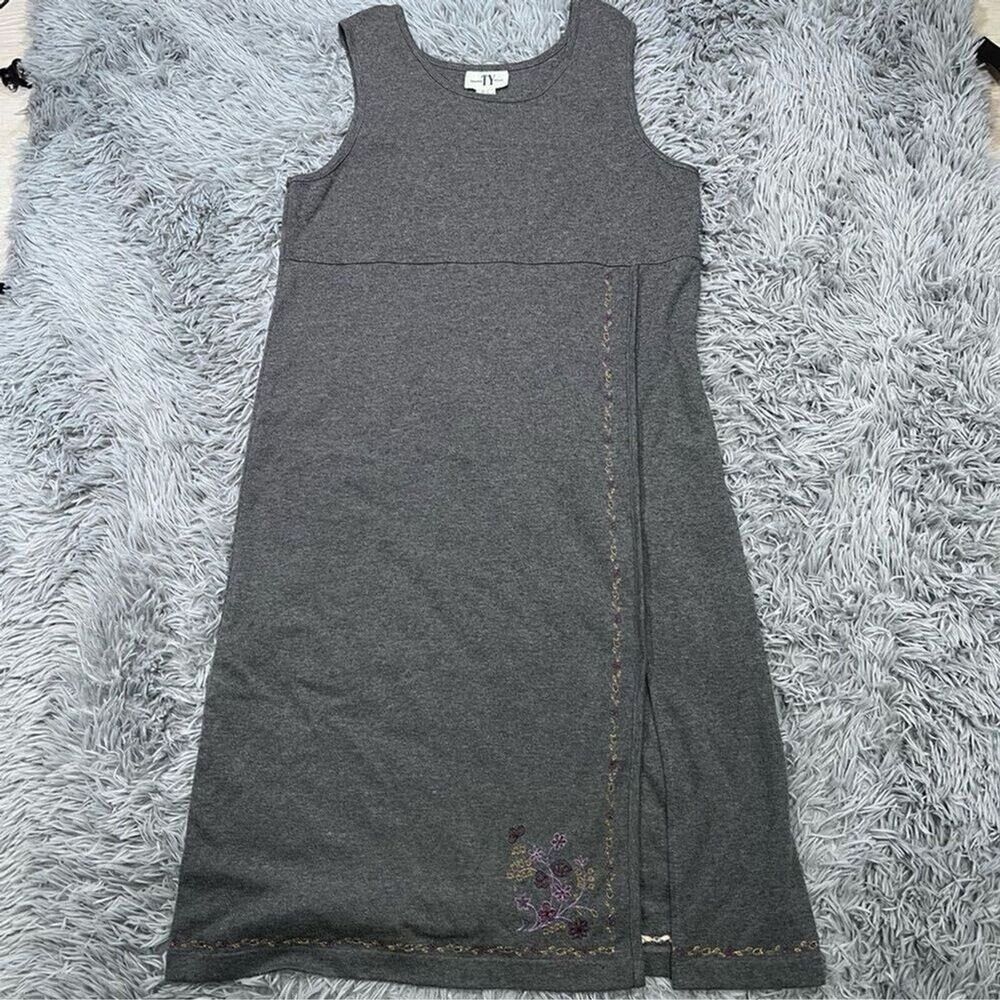 Vintage 90s TY Wear Knit Embroidered Jumper Midi Maxi Dress Large Petite Gray